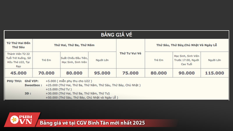 Bảng giá vé tại CGV Bình Tân mới nhất 2025