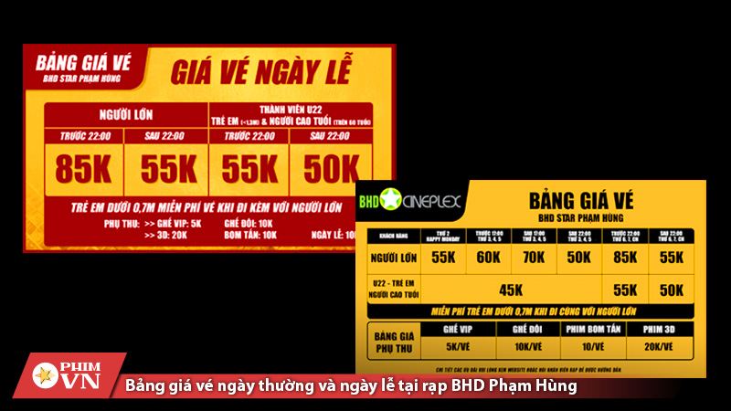 Bảng giá vé ngày thường và ngày lễ tại rạp BHD Phạm Hùng