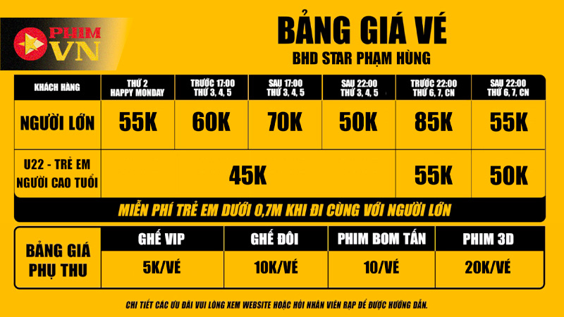 Bảng giá vé ngày thường tại rạp BHD Phạm Hùng