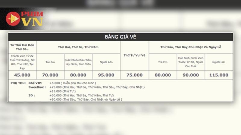 Bảng giá vé tại CGV Bình Tân mới nhất 2025